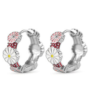 Brass TQ metal creole with enamel flower Silver-White Pink