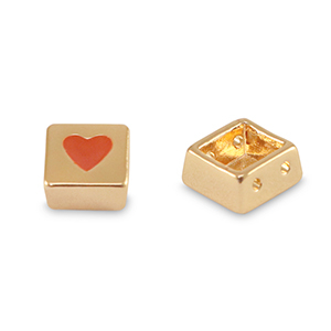 Tile beads square Gold-Coral Red