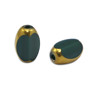 Oval glass beads Dark Green-Gold