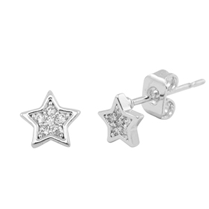 Brass TQ metal earrings / earpins cubic zirconia star Silver