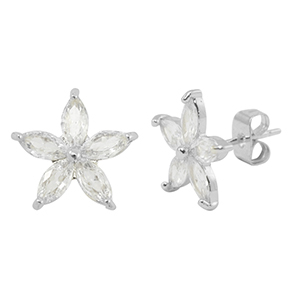 Brass TQ metal earrings / earpins cubic zirconia flower Silver