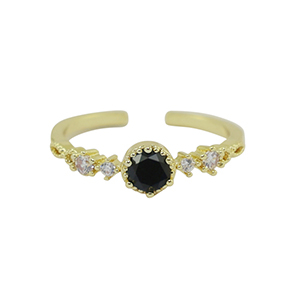Brass TQ metal ring cubic zirconia Gold-Crystal Black