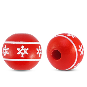 Wooden beads round 16mm snowflake Red-White