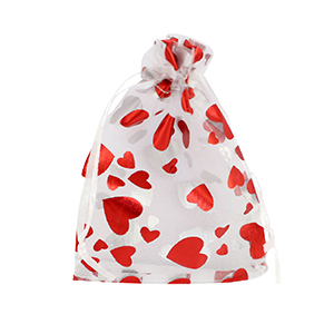 Jewellery Organza Bag 9x12cm heart White-red