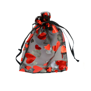 Jewellery Organza Bag 7x9cm heart Black-red