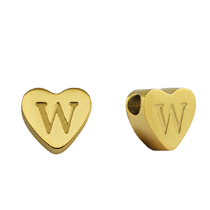 Stainless steel beads heart letter W Gold
