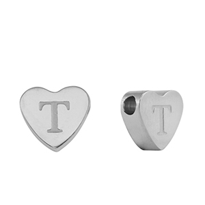 Stainless steel beads heart letter T Silver