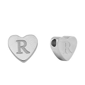 Stainless steel beads heart letter R Silver