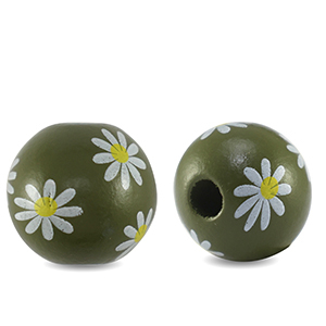 Wooden beads round 16mm flower Olive green