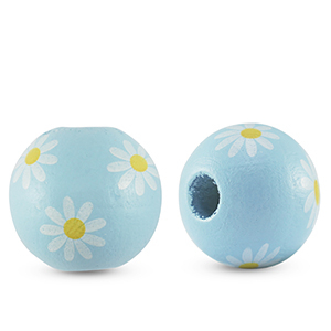 Wooden beads round 16mm flower Light blue