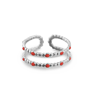 Stainless steel rings dots Silver-Red