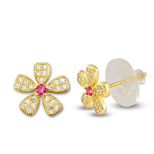 Brass TQ metal earrings / earpins zirconia flower Gold