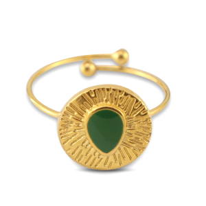 Stainless steel rings enamel round with drop Gold-Dark Green