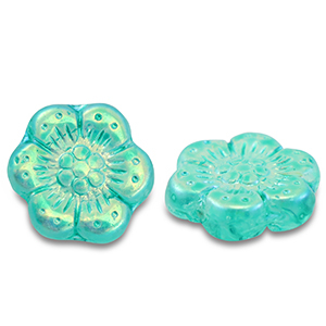 Czech Beads boho flower 14mm Transparent Turquoise Green-AB Coating