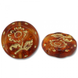 Acrylic beads round with flower Cognac Brown-Gold