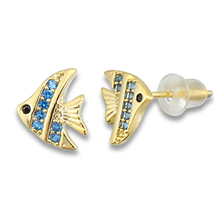 Brass TQ metal earrings / earpins fish Gold-Light Blue