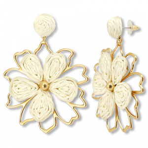 Trendy raffia earrings flower Off White-Gold