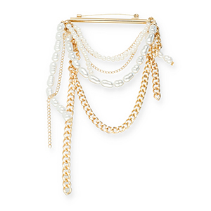 Statement brooches bar with chain and pearls Gold-White