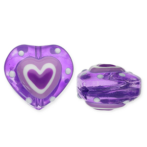 Glass beads heart Purple-White