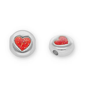 DQ European metal beads round with heart Antique Silver-Glitter red (Nickelfree)