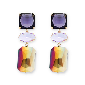 Crystal glass earrings / earpins square-oval-rectangle Dark Purple-Lavender-Smoky Sand Beige AB Coating