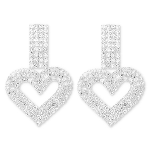 Eco-brass&reg; metal earrings / earpins with strass heart Silver-Crystal