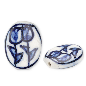Beads ceramic oval with tulips Off White-Delft Blue