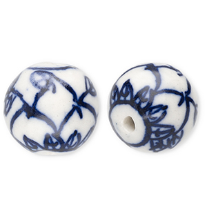 Beads ceramic 15mm with leaf Off White-Delft Blue