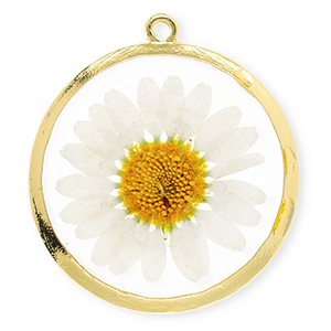 Charms with dried flowers 34mm Gold-White-Soft Orange