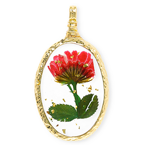 Charms with dried flowers oval Gold-Red-Green