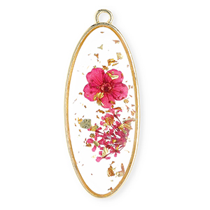 Charms with dried flowers oblong oval Gold-Cherry Pink