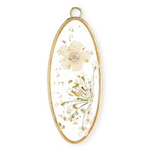 Charms with dried flowers oblong oval Gold-Off White