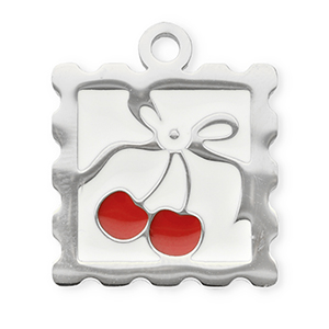 Stainless steel charms square with cherries Silver-Red-White