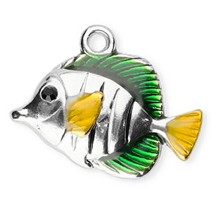 Stainless steel charm enamel fish Silver-Green-Yellow-Black