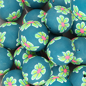 Silicone beads 18mm round with hand-painted flowers Teal Green-Light Green-Neon Pink