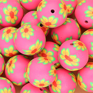 Silicone beads 18mm round with hand-painted flowers Neon Pink-Green-Orange-Red