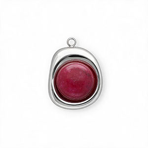 Stainless steel charms with Jade organic oval Silver-Magenta Purple
