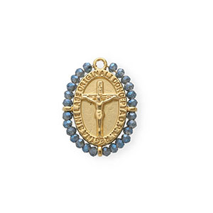 Stainless steel charms oval with crucifix Gold-Blue