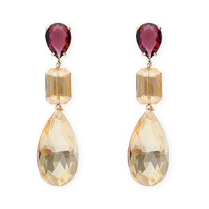 Crystal Glass earrings / earpins drop-rectangle Dark Plum-Amber Orange-Gold