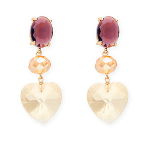 Crystal Glass earrings / earpins oval-disc-heart Dark Plum-Amber Orange-Gold