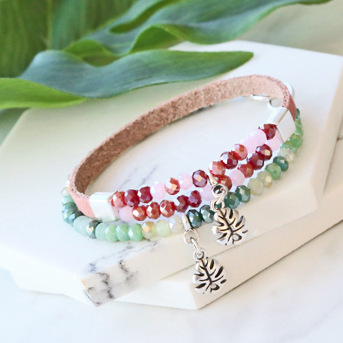 Colourful jewellery in soft pink and green shades faceted beads