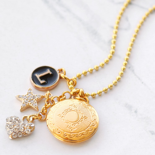 Create festive necklaces with pretty medallion, rhinestone and letter charms