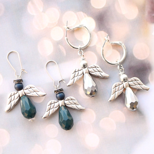 Angels with top faceted drop shaped beads and metal wings