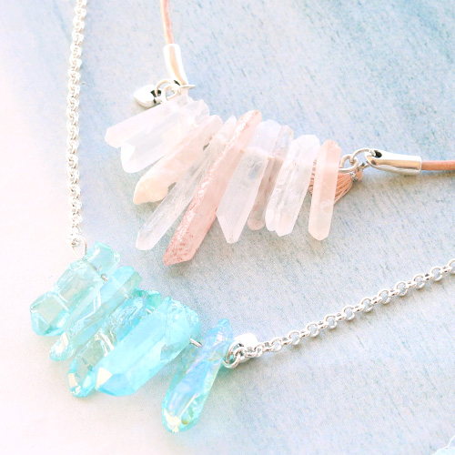 Earrings and necklaces with drop shaped natural stone beads and aura quartz crystal