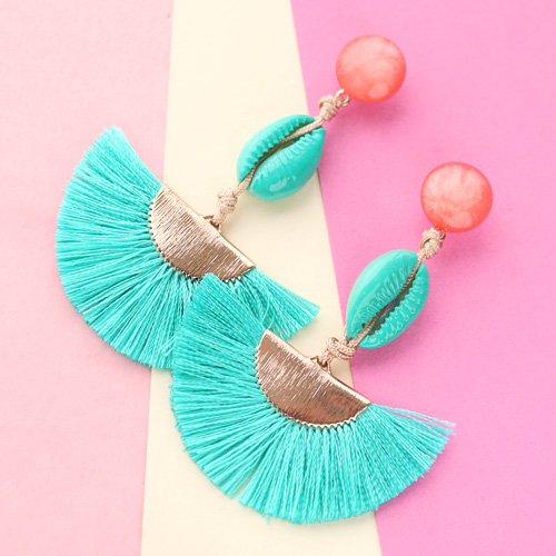 Colourful earrings with new tassels, cowrie shells and DQ European metal
