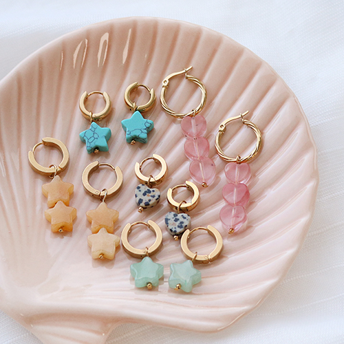 Design trendy earrings with the heart and star natural stone beads. 