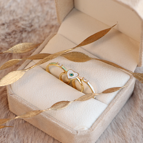 Combine these colourful rings and earrings with handmade jewellery