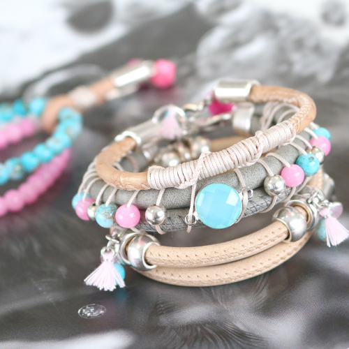 Faux eco nappa stitched leather and bright coloured beads put together as a trendy creation!