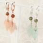 Keychain + earrings with genuine leaves, natural stone beads and satin macram&eacute; bead cord